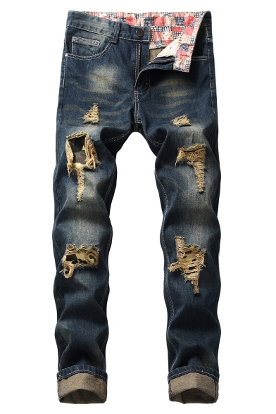 Guys Fashion Vintage Washed Dark Blue Regular Fit Frayed Ripped Jeans