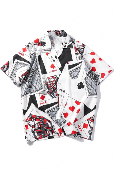 Guys Funny Allover Poker Card Printed Short Sleeve Casual Loose Button Up Shirt