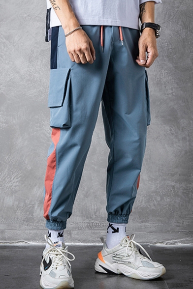 Guys New Fashion Colorblock Tape Side Drawstring Waist Elastic Cuffs Casual Tapered Cargo Pants with Side Pockets