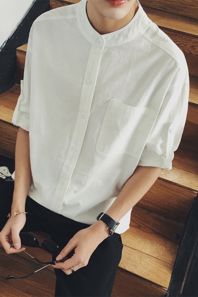 Guys New Trendy Collarless Three-Quarter Sleeve Button Front Loose Linen Shirt