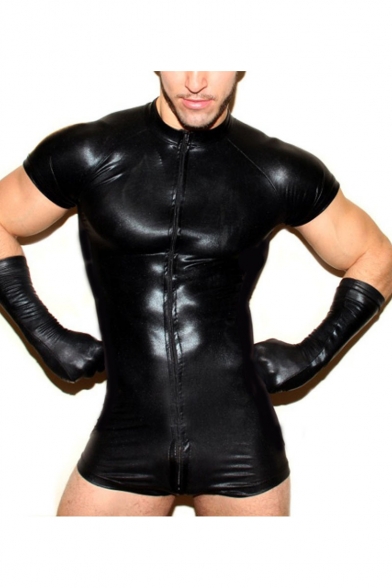Guys Sexy Short Sleeve Black Leather Latex Bodysuit Gay Male Mesh Patch Elastic Catsuit Front Zipper Open Crotch Underwear Sexy Clubwear