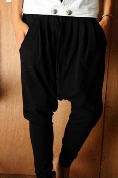 Guys Simple Fashion Solid Color Low Crotch Sweatpants Harem Pants with Side Pockets