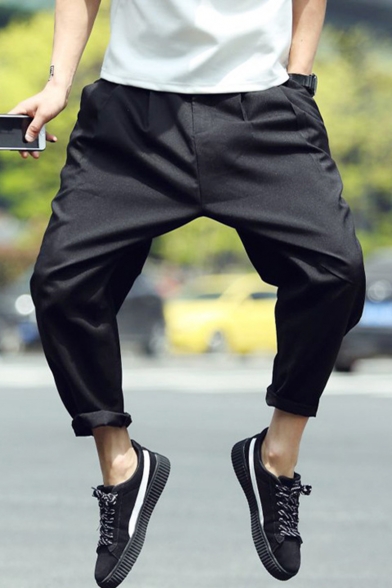 Guys Simple Fashion Solid Color Rolled Cuffs Pleated Detail Casual Loose Tapered Pants