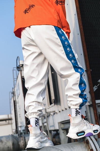 Guys Street Trendy Colorblock Letter Printed Drawstring Waist Elastic Cuffs Casual Loose Hip Pop Track Pants