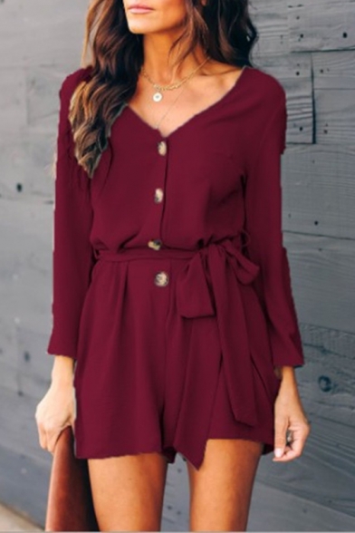 Hot Fashion Plain V-Neck Long Sleeves Tie-Waist Button Front Vacation Romper for Women