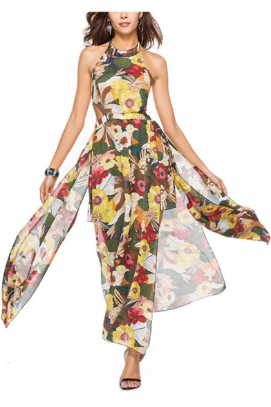 Hot Fashion Summer Holiday Chic Floral Printed Halter Neck Sleeveless Open Back Maxi Swing Beach Dress