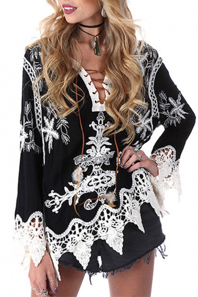 Hot Fashion V-Neck Floral Embroidered Lace Up Cutout Lace Trim Long Sleeve Boho Womens Blouse