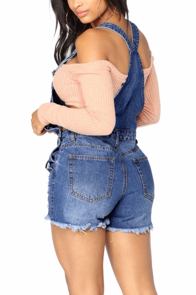 Hot Popular Womens Distressed Ripped Blue Denim Overall Shorts