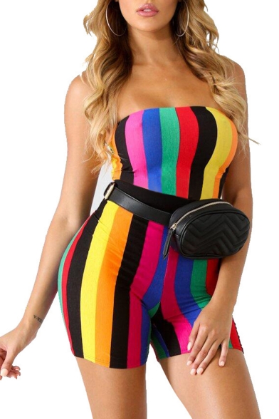 

Hot Sexy Stylish Rainbow Striped Sleeveless Elastic Waist Skinny Fit Bandeau Rompers, LM550331