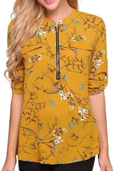 Hot Stylish Floral Print Stand Collar Zip-Front Faux Pockets Long Sleeve Chiffon Blouse