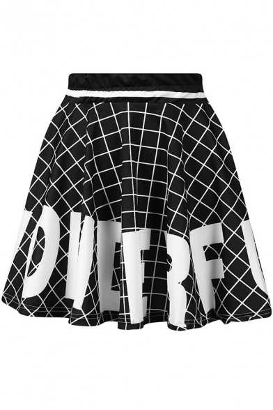 Hot Trendy Girls Summer Black Check Plaid& Letter Print Mini High Waist A-Line Skirt