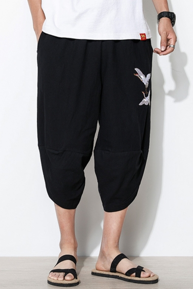 Men's Chinese Style Fashion Crane Embroidery Pattern Black Linen Cropped Wide Leg Pants
