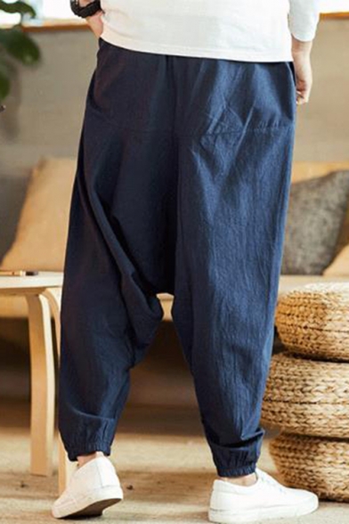 Men's Chinese Style Simple Plain Loose Fit Elastic Cuffs Baggy Drop-Crotch Linen Harem Pants