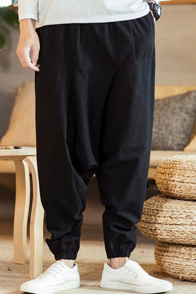 Men's Chinese Style Simple Plain Loose Fit Elastic Cuffs Baggy Drop-Crotch Linen Harem Pants