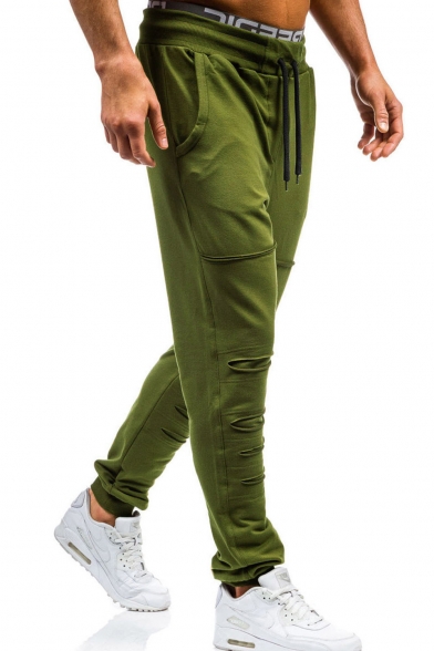 Men's Cool Fashion Ripped Detail Simple Plain Drawstring Waist Casual Sweatpants