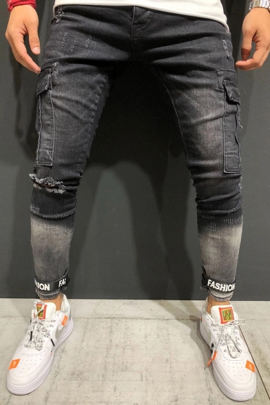 Men's Cool Ombre Color Flap Pocket Side Letter FASHION Printed Ribbon Patched Black Slim Fit Ripped Cargo Jeans