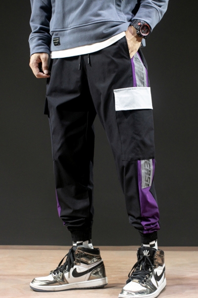 Men's Hip Pop Style Fashion Colorblock Patched Side Letter Printed Drawstring Waist Trendy Loose Track Pants Cargo Pants with Flap Pockets