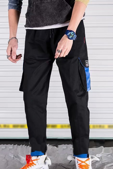Men's New Fashion Colorblock Flap Pocket Side Drawstring Waist Cotton Casual Cargo Pants
