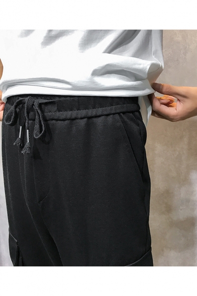 Men's New Fashion Letter Embroidery Pattern Double Flap Pocket Front Drawstring Waist Black Casual Sports Pants