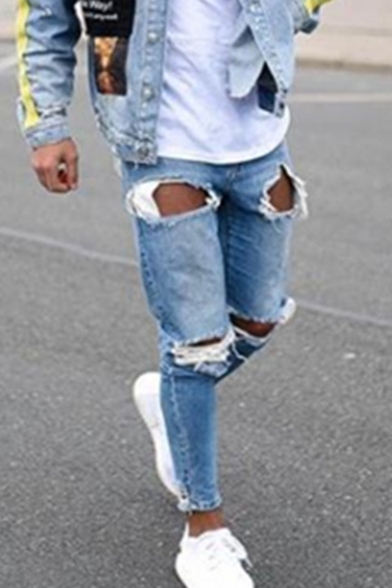 Super Men's New Fashion Light Blue Frayed Ripped Jeans with Holes HC-62