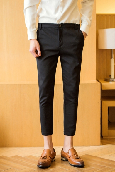 Men's New Fashion Simple Plain Slim Fit Casual Cropped Dress Pants