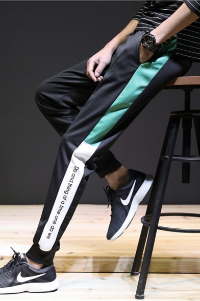 Men's New Stylish Colorblock Patched Side Letter Printed Drawstring Waist Casual Sweatpants Tapered Pants