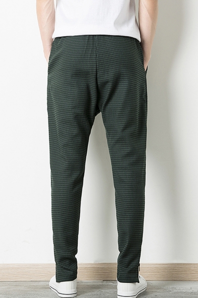 Men's New Stylish Plaid Pattern Drawstring Waist Zipped Cuffs Low Crotch Casual Hip Pop Pencil Pants
