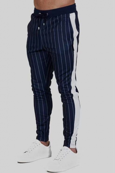 Men's New Stylish Stripe Pattern Drawstring Waist Trendy Cotton Sports Sweatpants Pencil Pants