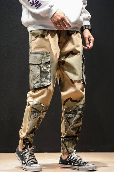 Men's Popular Fashion Camouflage Printed Drawstring Waist Casual Tapered Cargo Pants with Side Pockets