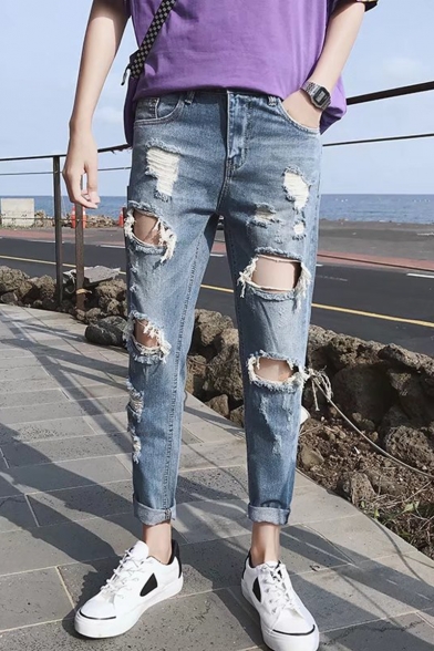 Men's Simple Plain Fashion Knee Cut Light Blue Ripped Jeans with Holes