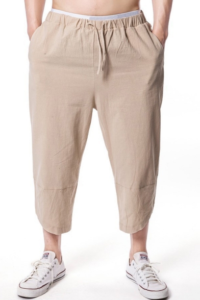 Men's Summer Linen Simple Plain Drawstring Waist Cropped Carrot Pants
