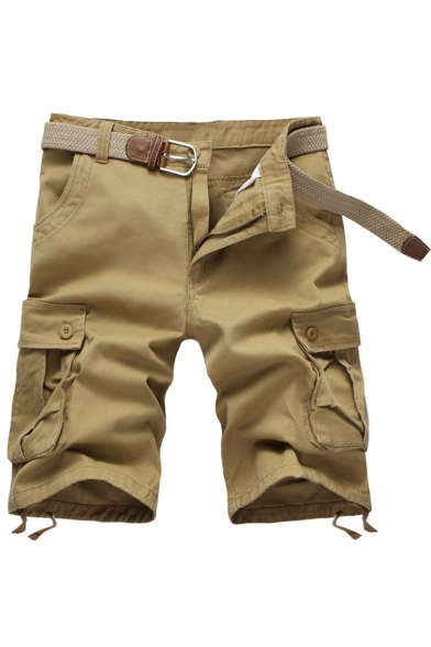 Men's Summer New Fashion Solid Color Multi-pocket Design Ribbon Embellished Zip-fly Cargo Shorts