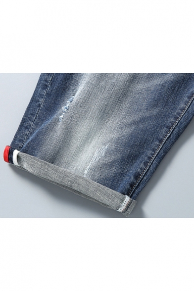 Men's Summer Trendy Basic Washed Stripe Patched Zip-fly Blue Denim Shorts