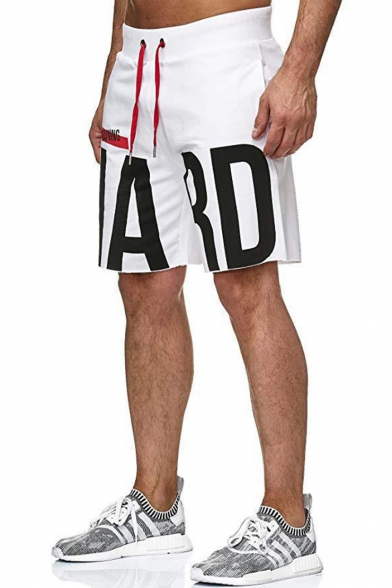 Men's Summer Trendy Letter HARD Printed Drawstring Waist Cotton Training Sweat Shorts