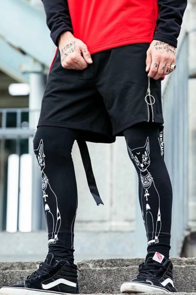 Men's Summer Trendy Letter Ribbon Zipper Metal Ring Embellished Drawstring Waist Black Cotton Sweat Shorts
