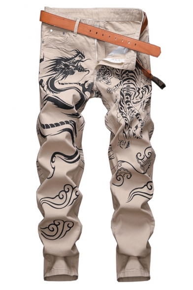 Men's Trendy Cool Dragon Printed Khaki Casual Cotton Jeans