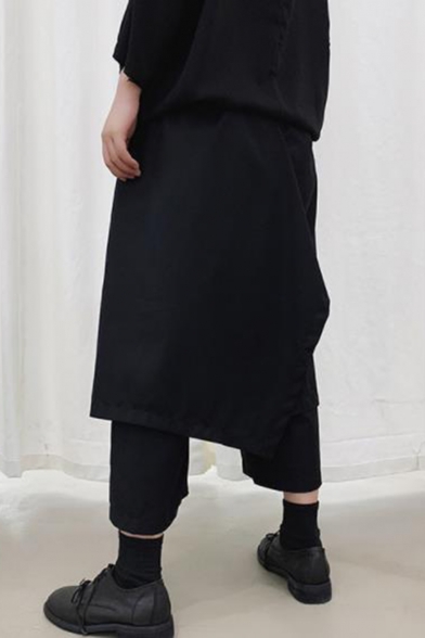 Men's Trendy Dark System Simple Plain Black Irregular Patched Design Fake Two Pieces Culottes Pants
