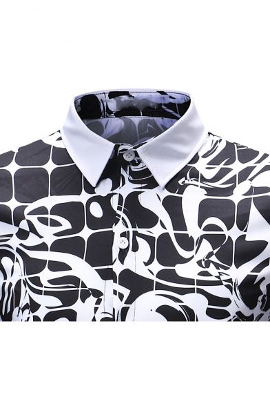Mens Black and White Check Grid Pattern Long Sleeve Slim Fit Button Up Shirt