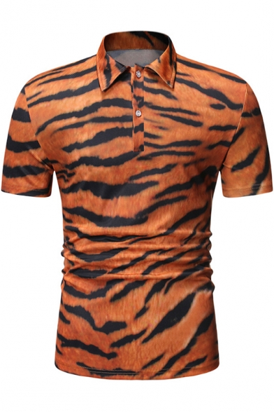 Mens Cool Unique Tiger Printed Short Sleeve Slim Fitted Polo Shirt