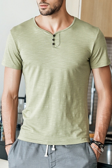 Mens Fashion Button V-Neck Short Sleeve Mercerized Cotton Plain T-Shirt Henley Shirt