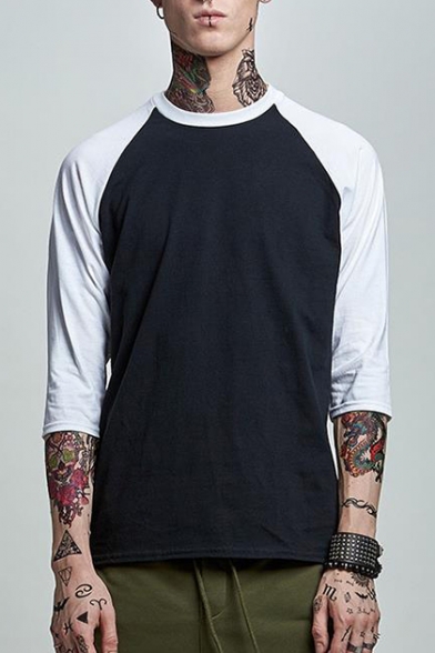 Mens New Stylish Colorblock Raglan Sleeve Round Neck Loose Fit T-Shirt