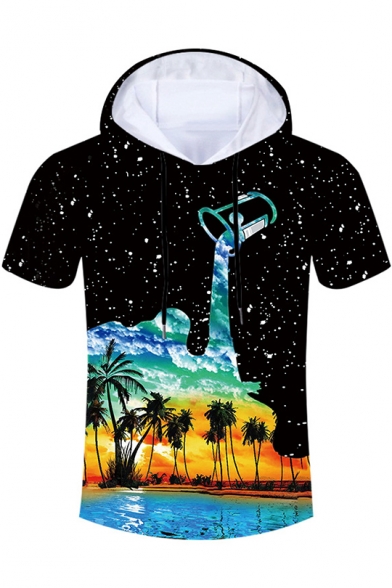 Mens Summer Fashion Black Starry Dropped Oil Painting Coconut Print Short Sleeve Hooded T-Shirt