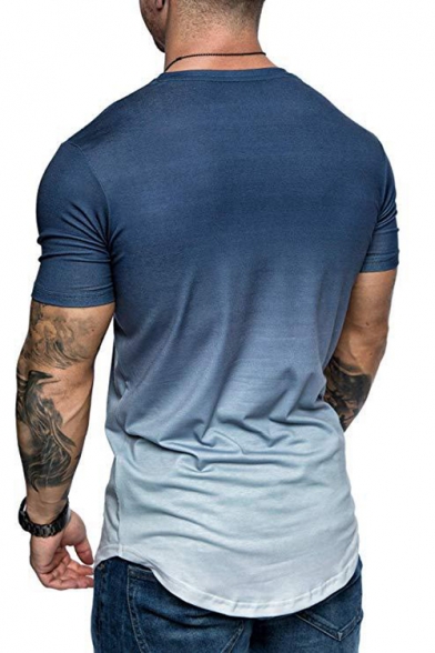 Mens Summer Stylish Ombre Color Round Neck Short Sleeve Fitted T-Shirt