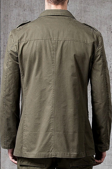 Mens Unique Notched Lapel Collar Multi-Zip Button Front Outdoor Army Green Fitted Blazer Field Jacket