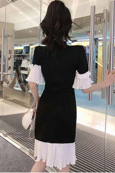 New Arrival Chic Vintage Black Short Sleeve Frog Button Ruffle Trim Patch Midi Fitted Dress
