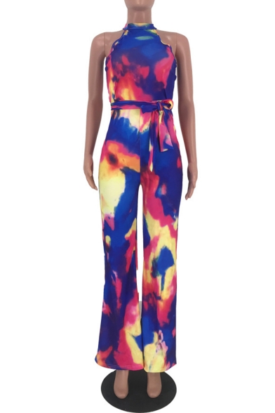 New Arrival Cool Unique Chic Womens Sleeveless Halter Neck Self Tie Tie Dye Fitted Jumpsuits