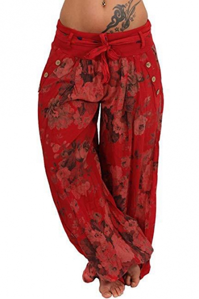 New Arrival Fancy Tie Waist Button Side Floral Printed Loose Bloomer Pants