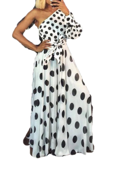 New Arrival Polka Dot One Shoulder One Sleeves High Waist Self Tie Flare Maxi Party Dress