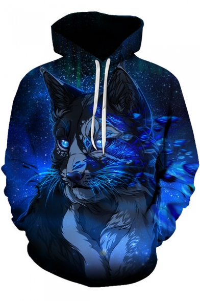 New Stylish Cool Blue Galaxy Wolf Printed Long Sleeve Sport Loose Hoodie