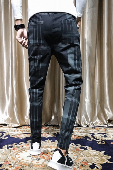 New Stylish Plaid Pattern Black Drawstring Waist Casual Slim Pencil pants for Men